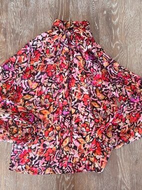 MISA Los Angeles Lulu Bow Tie Neck Long Sleeve Chiffon floral Blouse, Size Small